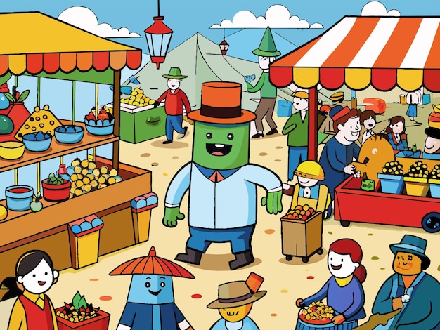 Vector bustling alien market filled with quirky characters and vendors illustration
