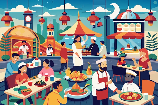 A bustling food court showcasing global cuisines representing cultural exchange