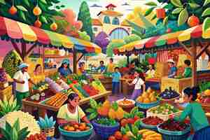 Vector a bustling marketplace overflowing with colorful fruits vegetables and spices