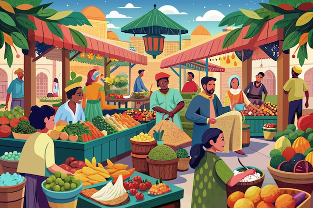 Vector bustling marketplace with vendors selling exotic fruits and spices illustration