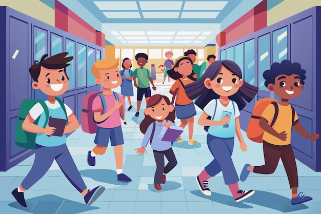 A bustling school hallway filled with diverse students rushing to class backpacks slung over their shoulders and excitement in their eyes