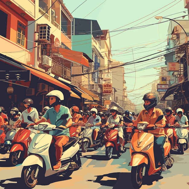 Vettore busy_asian_street_traffic_with_motorbikes_vector