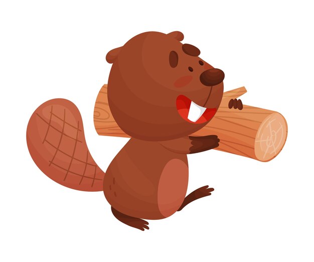 Vector busy beaver carrying heavy log for building dam vector illustration