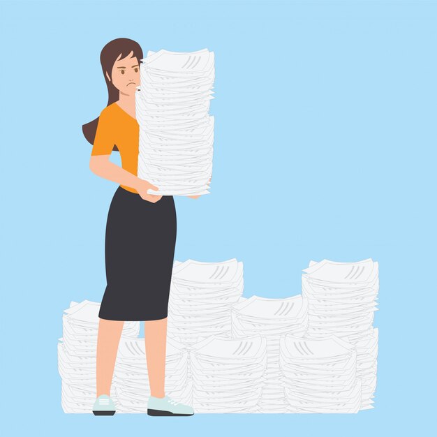 Busy business woman with stack of office paper.