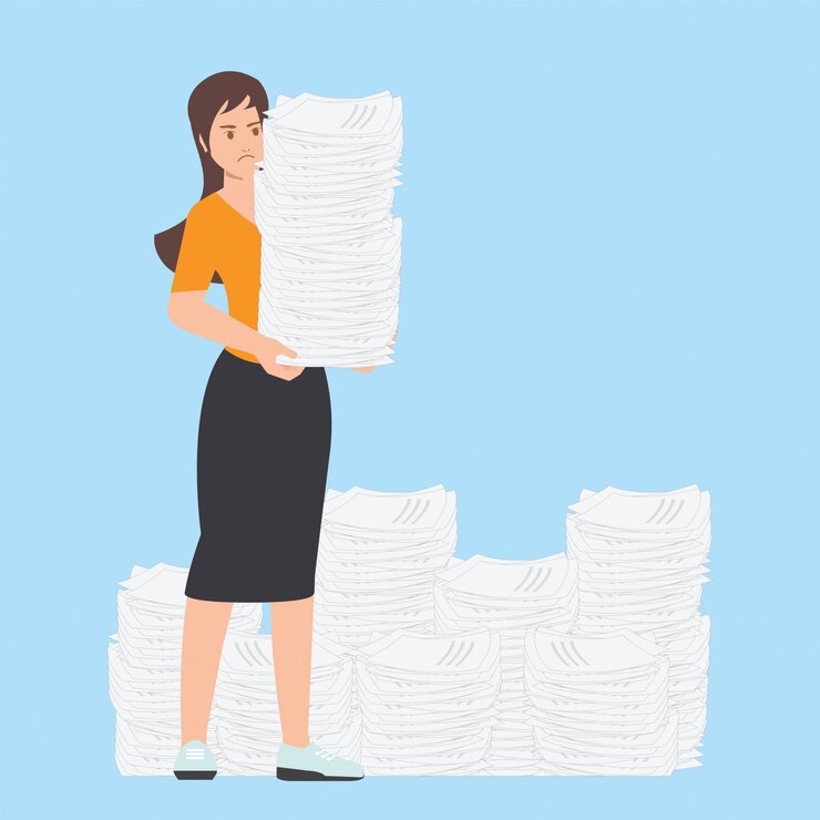 Vector busy business woman with stack of office paper.