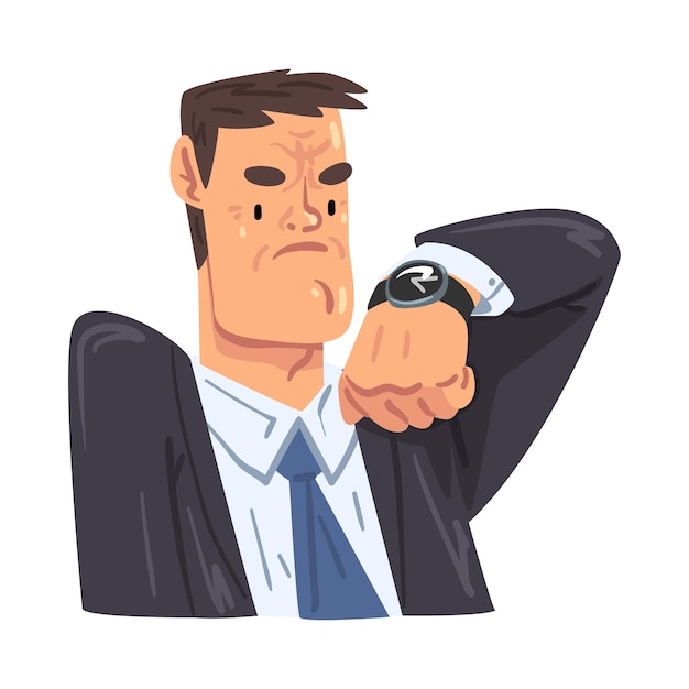 Vector busy businessman looking at wristwatch office worker character in formal style clothes business avatar cartoon style vector illustration