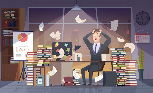 Busy businessman. Office manager hard work deadline stress chaos interior  cartoon concept.