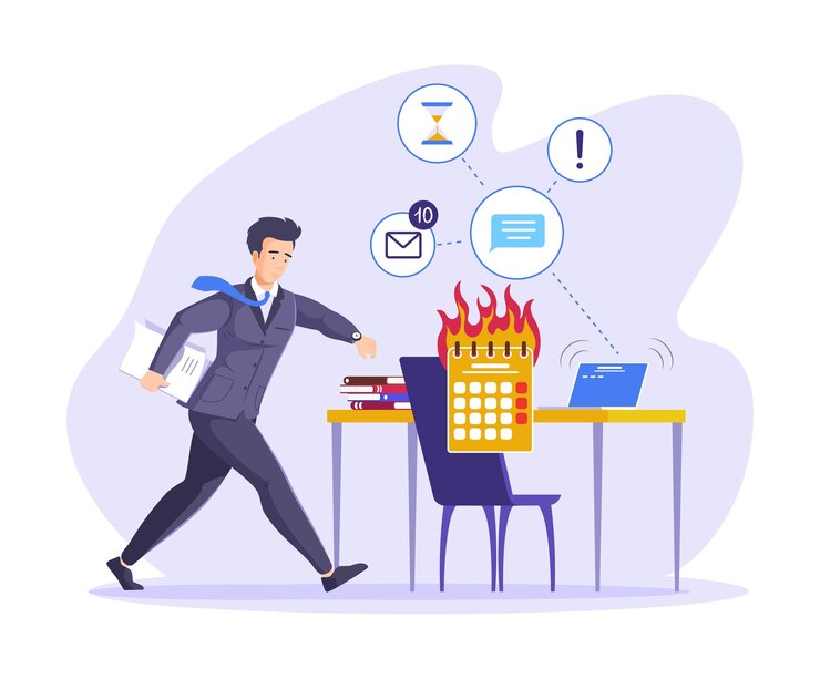 Vector busy businessman rushing to do work on time
