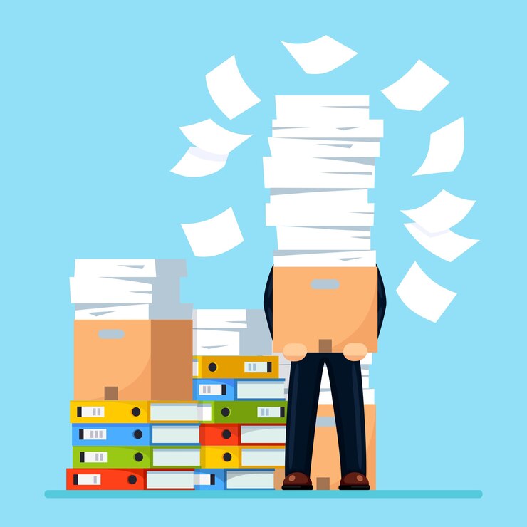 Vector busy businessman with stack of documents