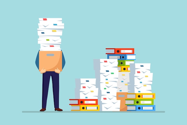 Vector busy businessman with stack of documents