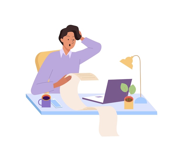 바쁜 사람 긴 종이를 들고 두통을 느다 많은 작업이 많은 사람 긴 할 일 목록과 많은 청구서를 지불하는 것에 대해 걱정
