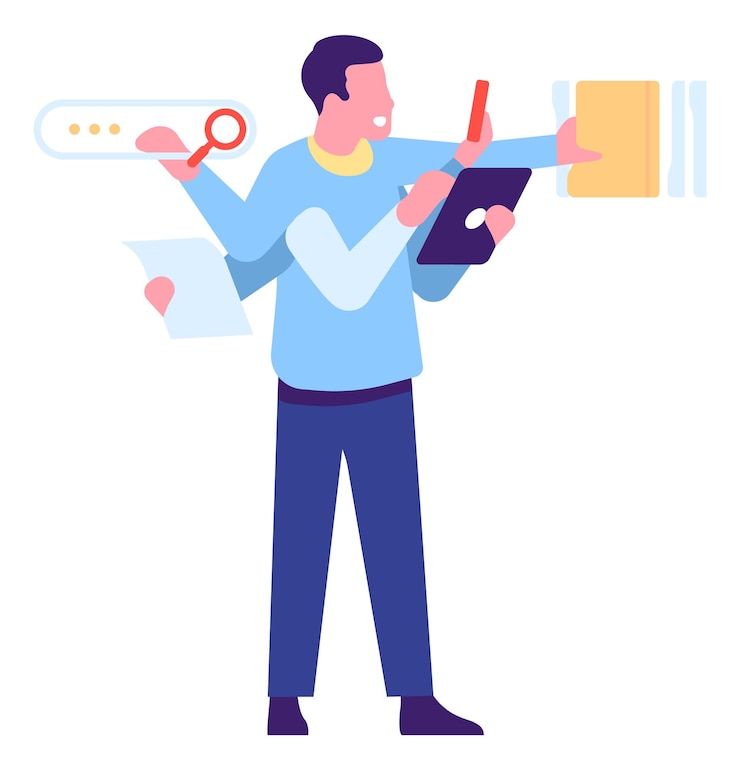 Vector busy man at work. multitasking person with many arms