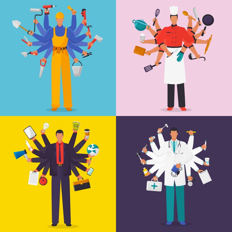 Vector busy men with many hands in working suits with twelve hands holding instruments  illustration.