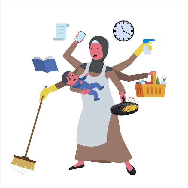 Vector busy moslem mom woman wear hijab multitasking housewife household activity work overload