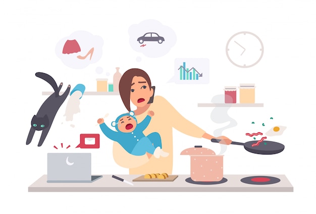 Madre occupata con bambino, donna multitasking. maternità, fumetto illustrazione piatta.