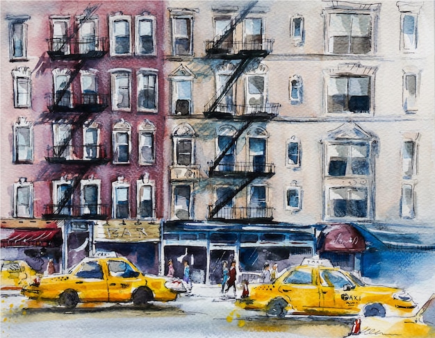 Vector busy new york street. watercolor sketch.