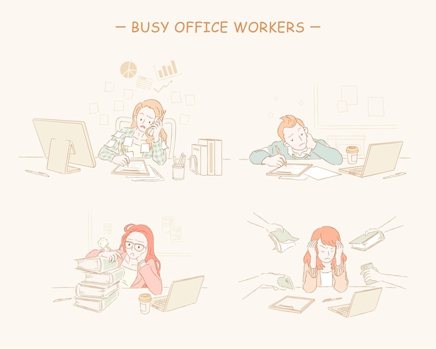 Busy office workers set line style