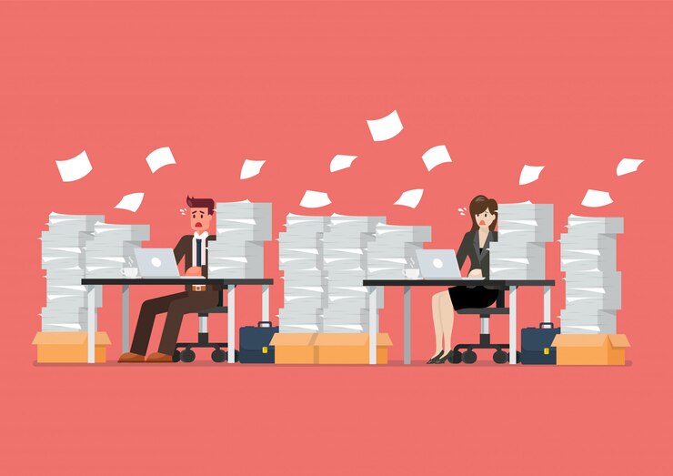 Vector busy overworked man and woman sitting at table with laptop and pile of papers in office