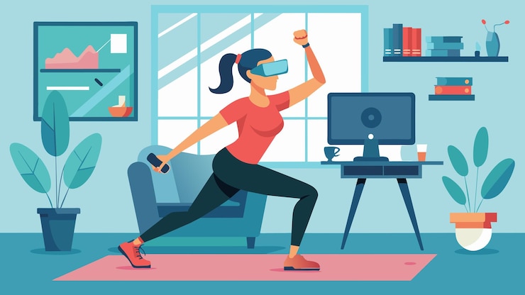 Vector a busy professional squeezes in a quick vr fitness session in her small apartment office grateful