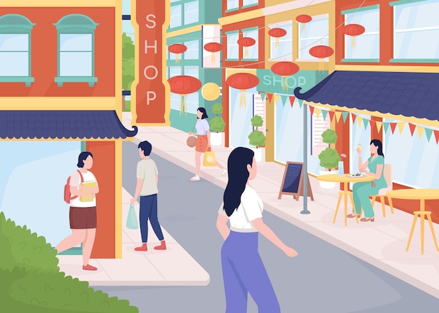 Vector busy street in chinatown flat color vector illustration