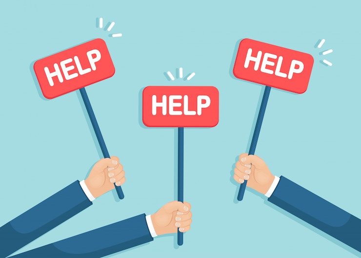 Vector busy tired businessman hold red placards. request of help. human hand with banner. support concept. flat design