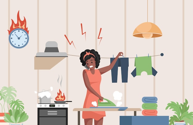 Vector busy woman in casual clothes doing domestic work illustration