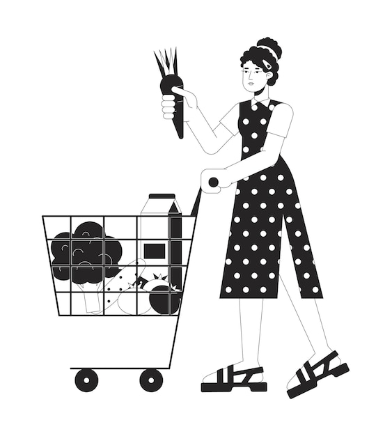 Busy woman go shopping flat line black white vector character Editable outline full body woman with shopping cart full of goods Simple cartoon isolated spot illustration for web graphic design