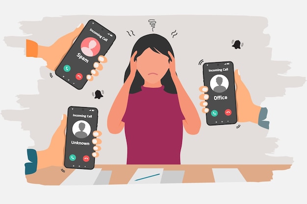 A busy woman is disturbed by the many incoming phone calls