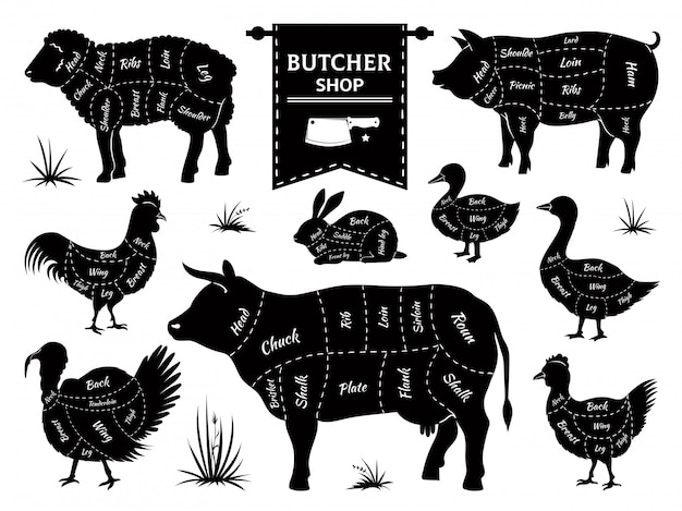 Butcher diagrams. animal meat cuts, cow pig rabbit lamb rooster domestic animals silhouettes. retro butcher shop logos set