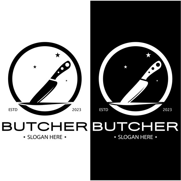 ブッチャー ナイフ ビンテージ ロゴ イラスト、シェフ ナイフのロゴのテンプレート、ビジネス、バッジ、レストラン、