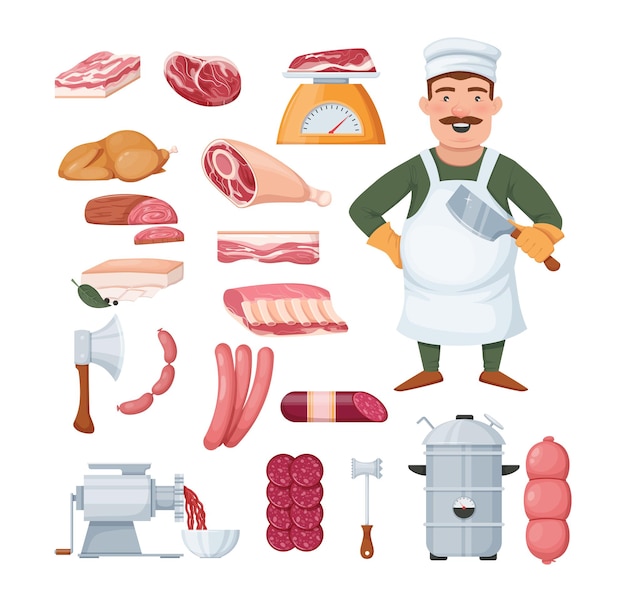 Vector butcher man in uniform, kitchen accessories for cutting and meat fresh steaks.