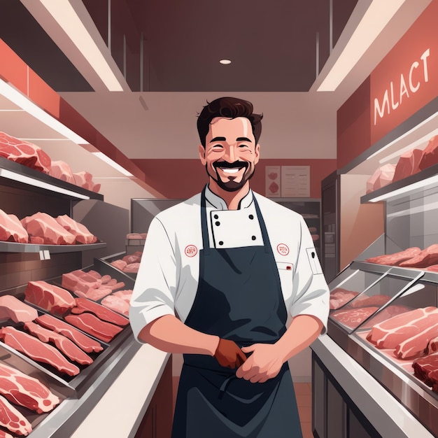 Vettore uomo macellaio in uniforme in piedi con le braccia incrociate e sorridendo sullo sfondo dello show di carne