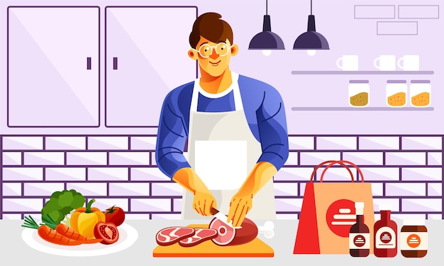 butcher meat in the kitchen