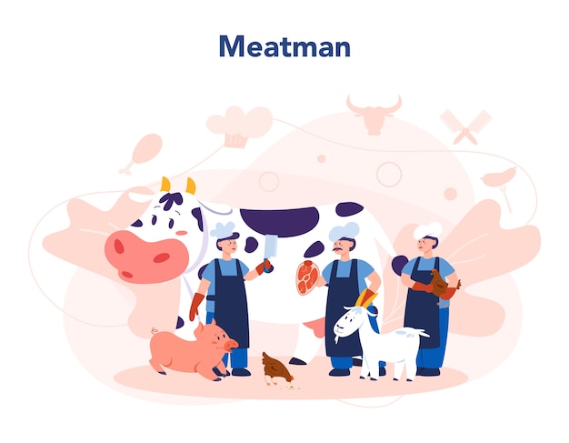 Vector butcher or meatman concept. fresh meat and meat products with ham and sausages, beef and pork. isolated vector illustration