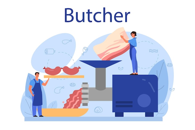 Vector butcher or meatman concept. fresh meat and meat products