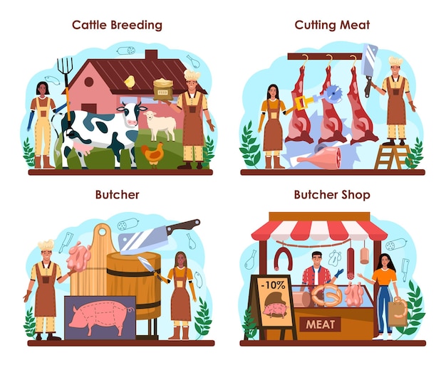 Vector butcher or meatman concept set. fresh meat and semi-finished products with ham and sausages, beef and pork production. meat market worker. isolated vector illustration