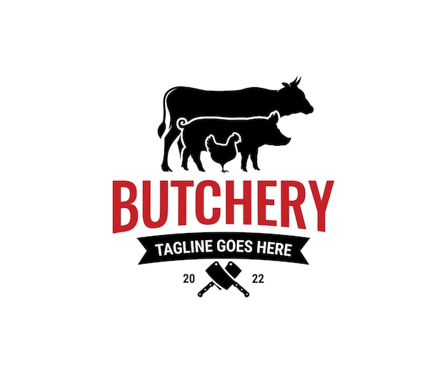 Butcher shop Badge or Label with cow pig chicken beef Vector illustration