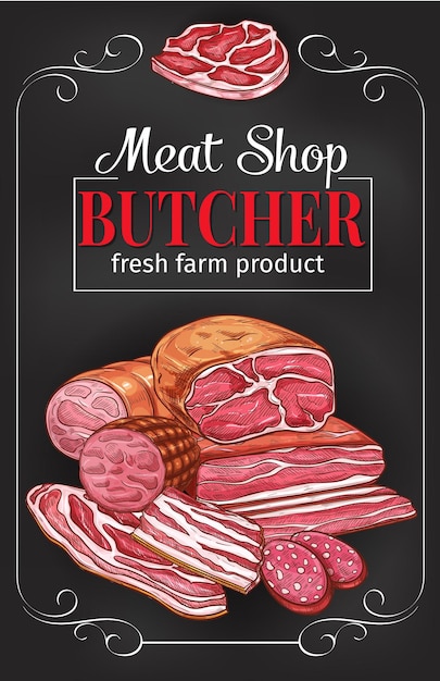 Vector butcher shop blackboard with meat and sausage