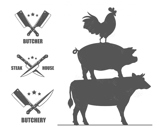 Эмблемы мясной лавки с ножами и топорами. с петухом, свиньей и коровой.