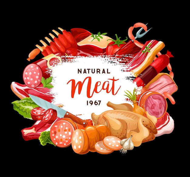 Vector butcher shop and gourmet cooking meat sausages