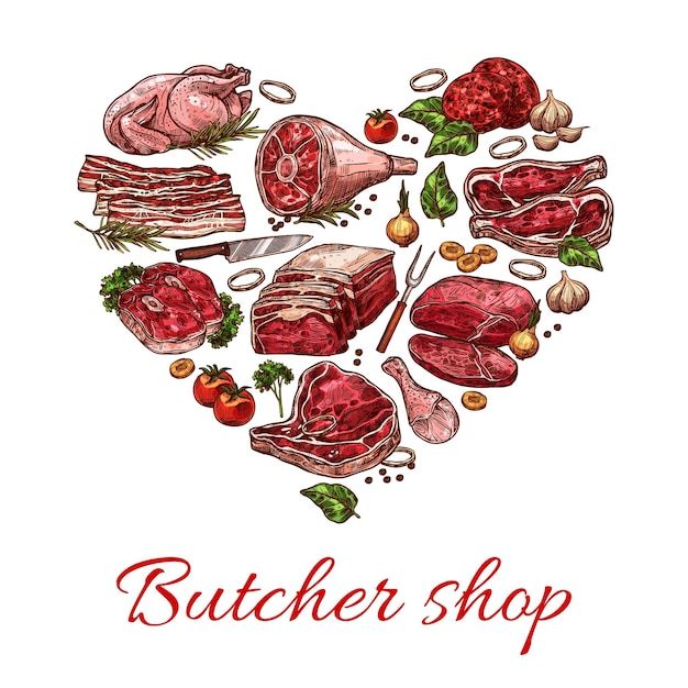 Vector butcher shop heart banner meat beef and pork food