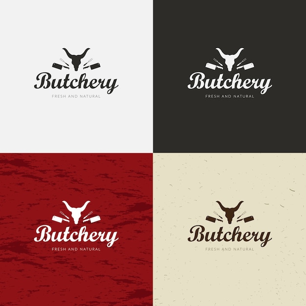 Butcher shop logo, meat label template with farm animals silhouettes and knives.