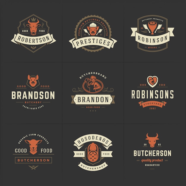 Butcher shop logos set vector illustration good for farm or restaurant badges with animals and meat