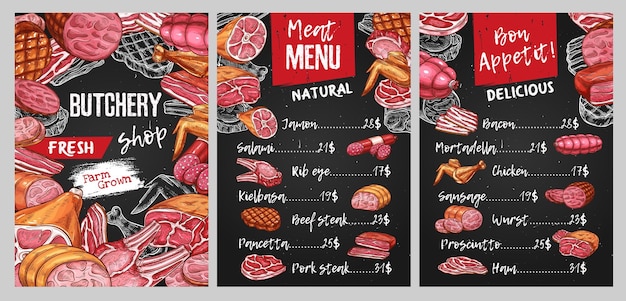 Butcher shop meat menu cover vector template