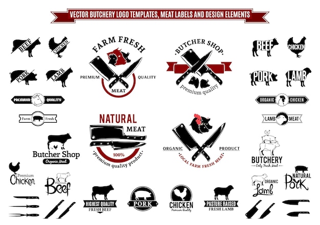 Butchery logo templates, labels, icons and design elements