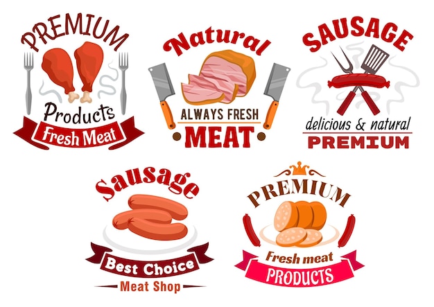 Vector butchery meat food and sausages emblems