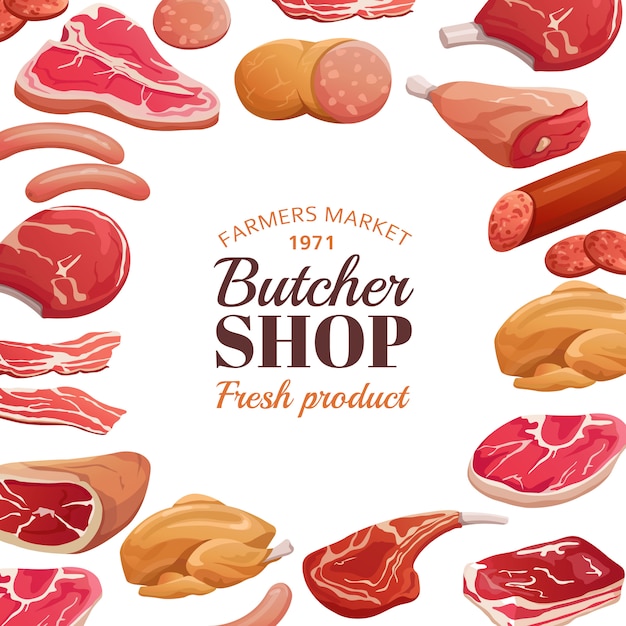 Butchery poster. fresh meat raw, beef steak and pork ham. meat product