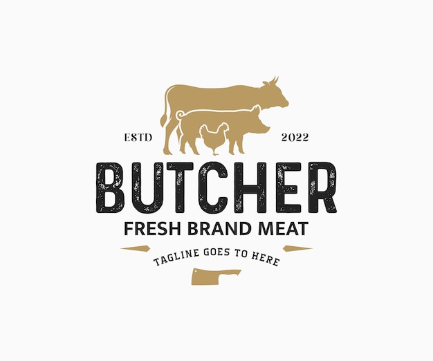 Butchery Shop Logo Design and Meat Label Template with Farm Animals