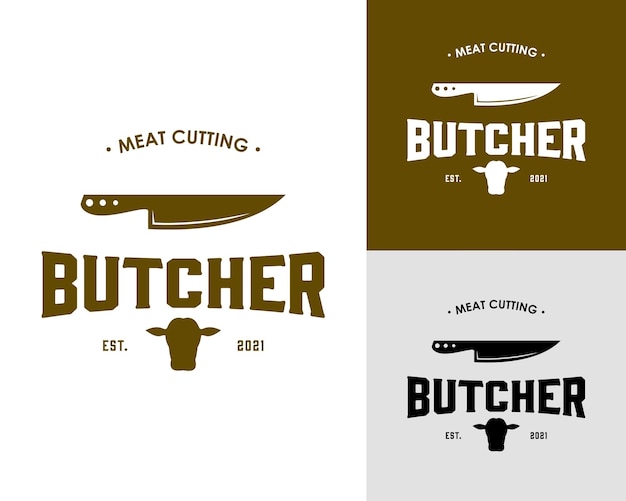 Butchery shop logo design template cow and meat cleaver knife vector design