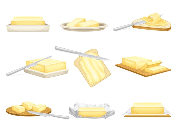 Butter bricks and slices set natural dairy product margarine or spread vector illustration